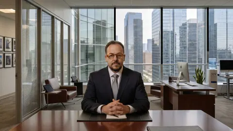 Wesley Ribeiro sentado à mesa de um escritório com vista para prédios.
