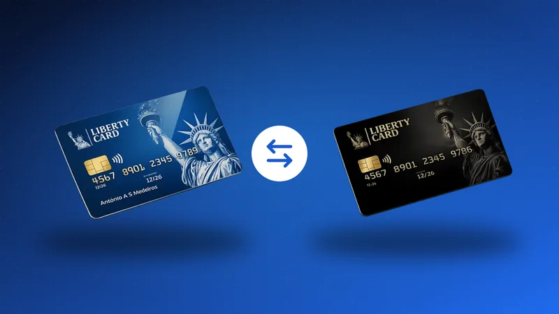 Ilustração com o cartão consignado azul e o cartão benefício preto da Liberty Card lado a lado.